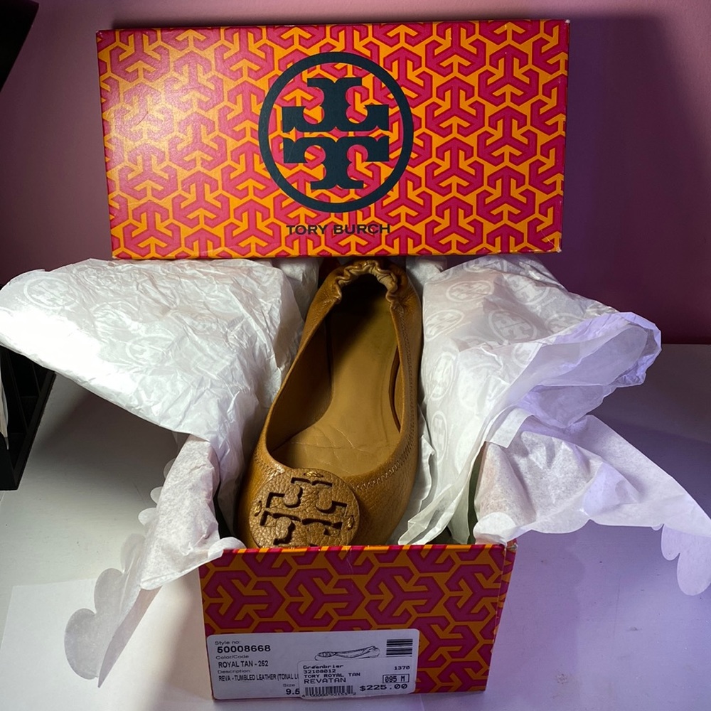Tory Burch Reva Leather Ballet Flats in Royal Tan
